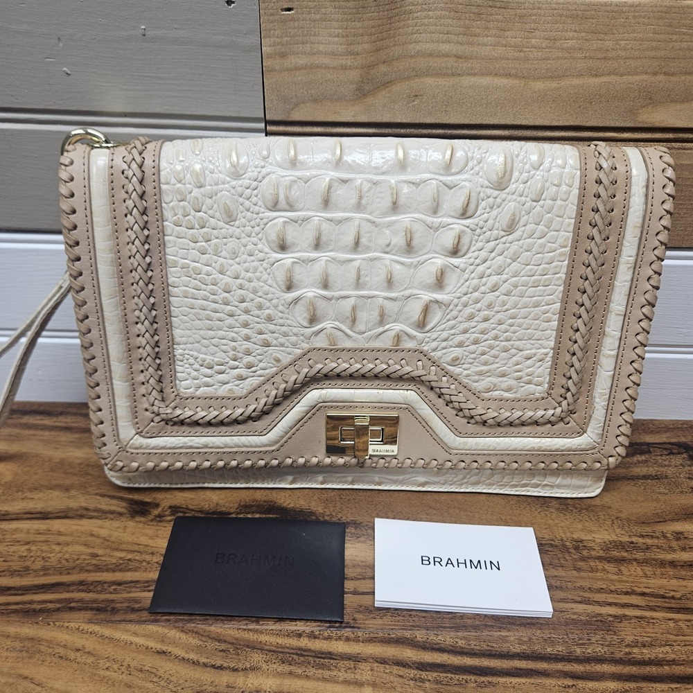 Brahmin Sonny Sunglow Dalton Ivory Sand Whipstich Flap Clutch Turn Lock